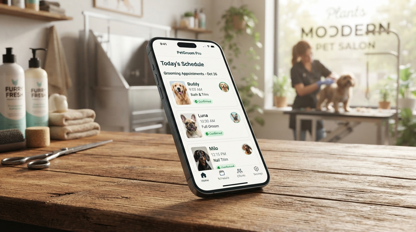 SmartGroom pet grooming software shown on a phone in a grooming salon
