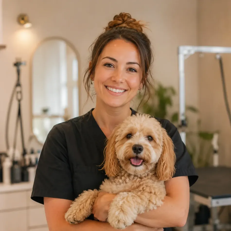 Independent groomer in black scrubs holding a cream cockapoo in a bright grooming salon