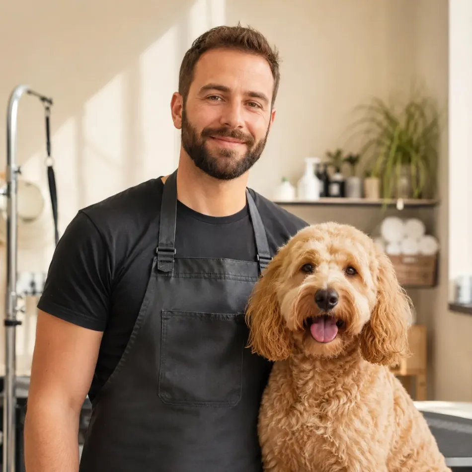 Independent pet groomer holding a freshly groomed cockapoo beside the grooming table in a small salon