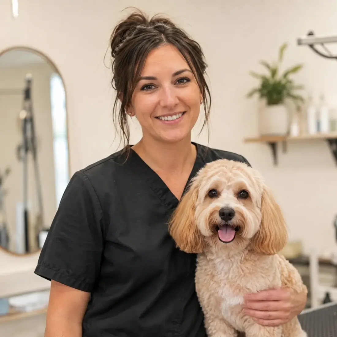 Groomer in black scrubs standing beside an apricot cockapoo on a grooming table in a bright salon
