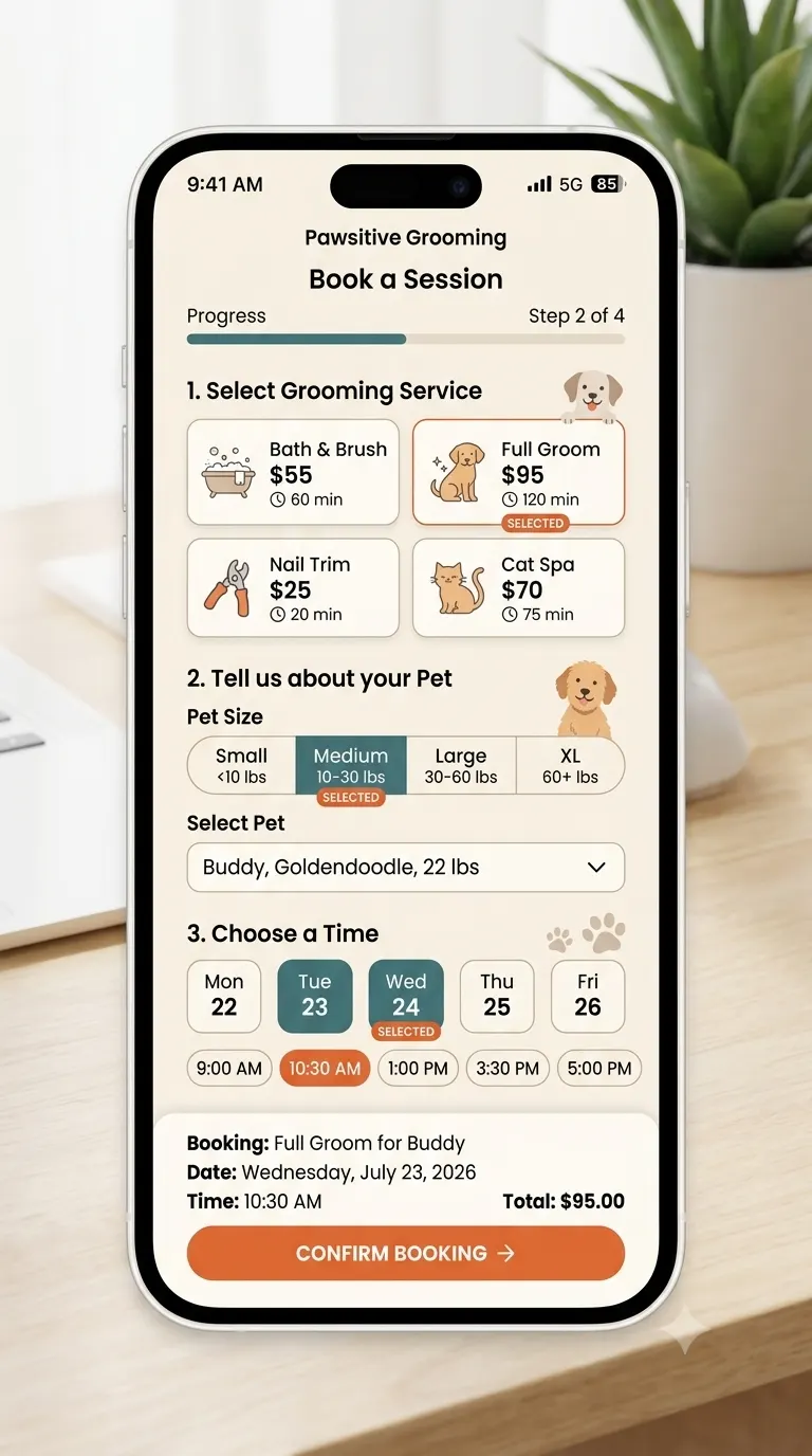 SmartGroom online booking page for a pet grooming salon on a phone